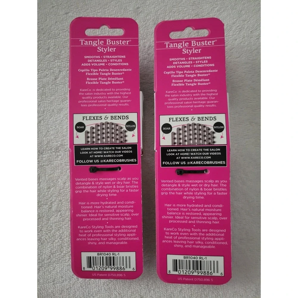 Lot of 2 KareCo Tangle Buster Styler Hair Brush Boar Nylon Bristle Silver BR1040